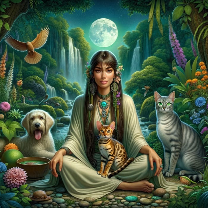 Enchanted Scene: Female Shaman with Bengal Cats in Lush Forest