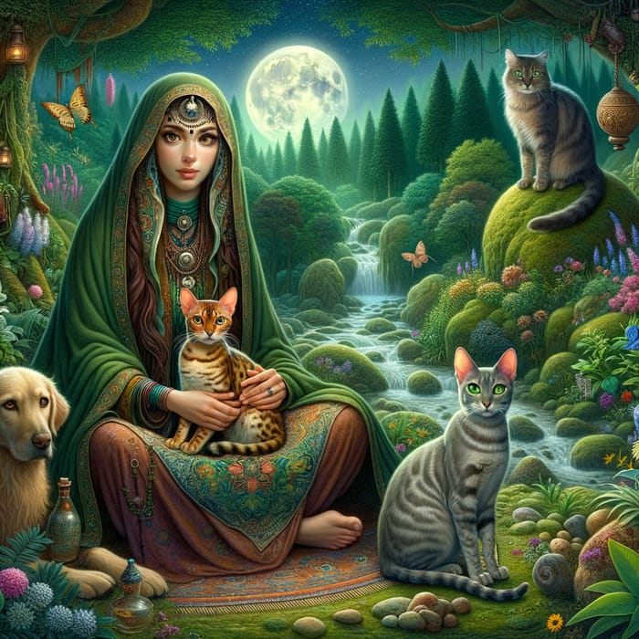 Enchanted Forest Scene with Female Shaman, Bengal Cat, and Magical Creatures