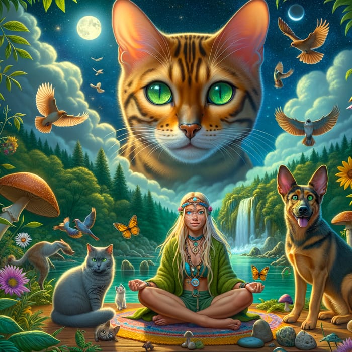 Bengal Cat Shaman Scene with Animals and Nature Spirits