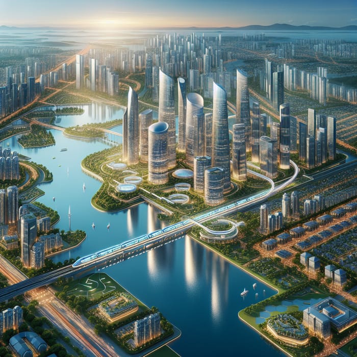 Futuristic Smart City by the Water: Greenery & Zoned Buildings