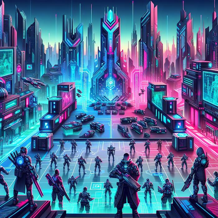 Futuristic Battle Royale Game: Cybernetic Landscape with Diverse Characters and Vibrant Designs