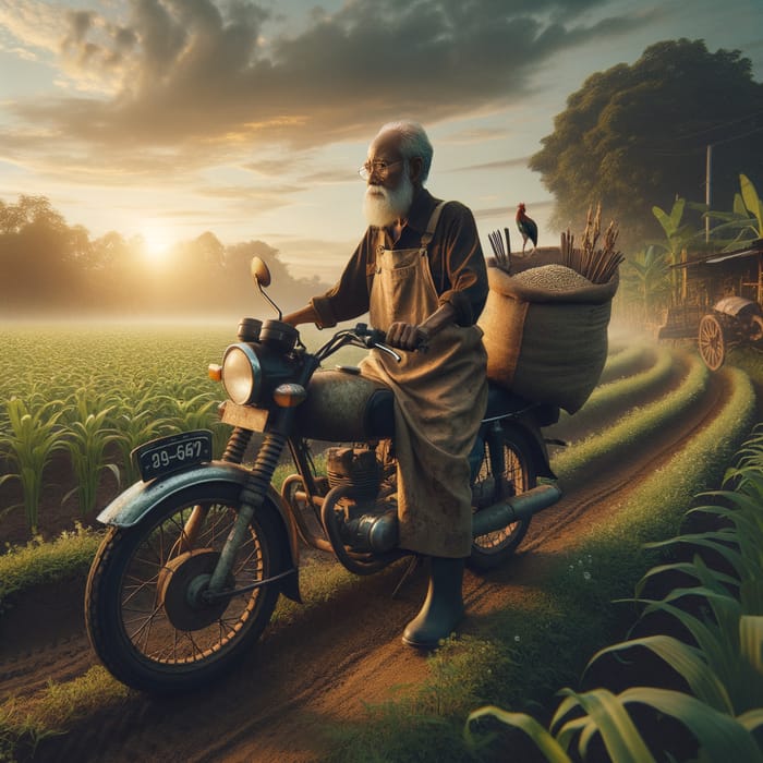 Elderly Man Riding Motorcycle to Farm Fields at Sunrise