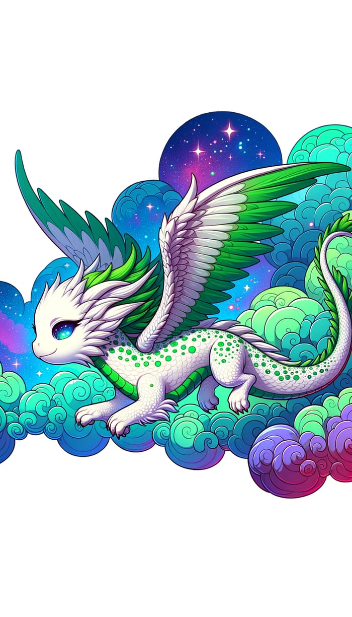 Whimsical White Scales Cute Dragon in Vibrant Forest Flight