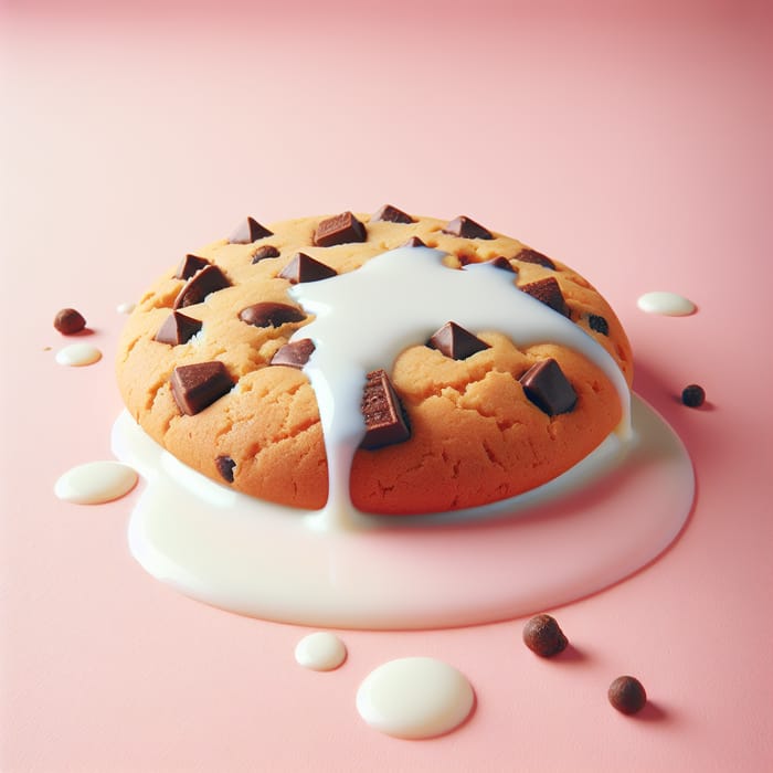 Delicious Cookie with Spilled Milk on Pink Background