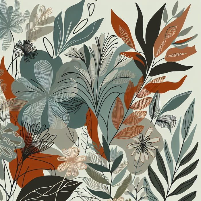 Boho Style Abstract Flower & Leaves in Grey, Sage Green, Orange