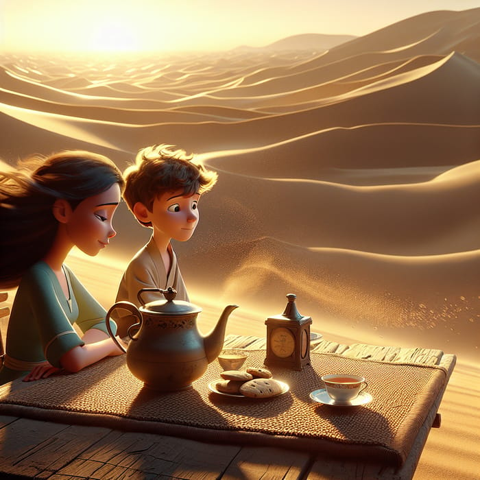 Pixar-Style Poster: Brunette Girl & Blond Boy Tea Time in Expansive Desert