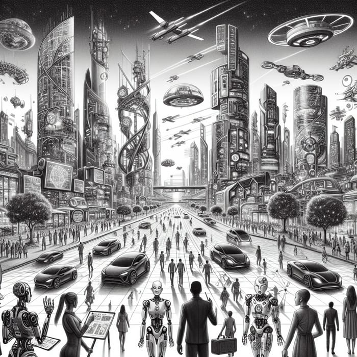 Future Society Pencil Drawing - Technologically Advanced Cityscape