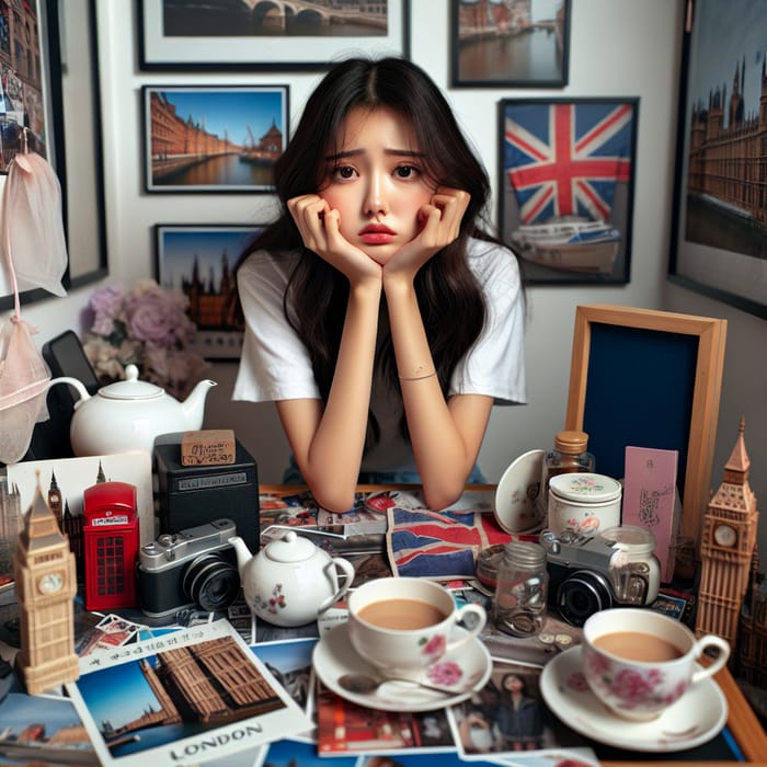 Asian Girl's Despair: Captivating Her Longing for London in Shanghai Studio