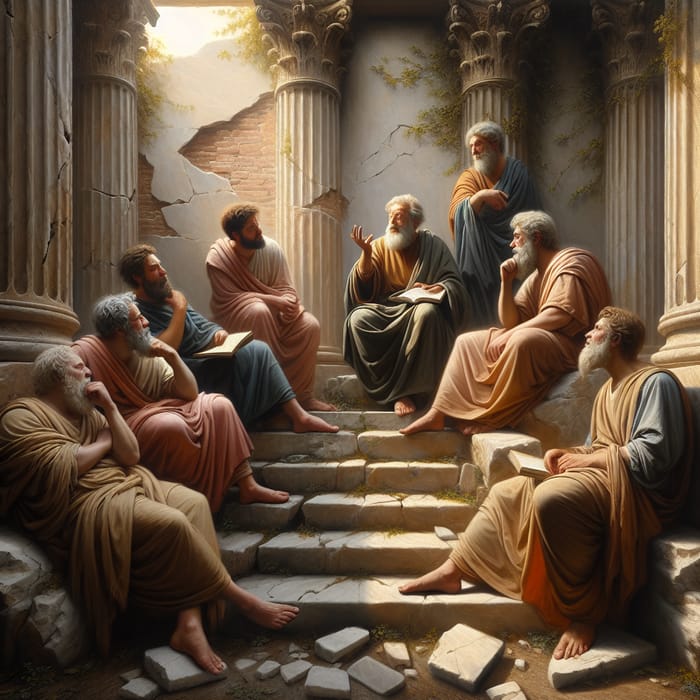 Philosophers in Sunlit Ruined Temple: Classical Realism Scene