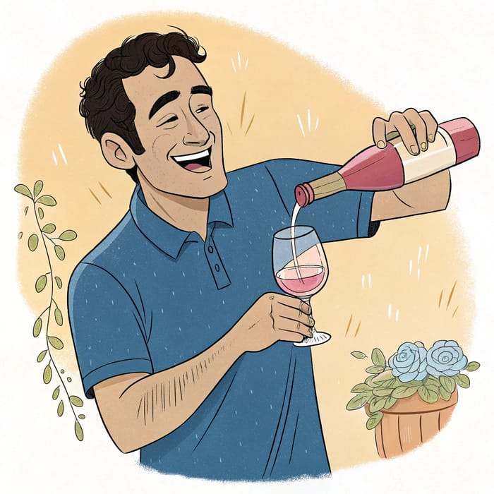 Friendly Man Enjoying Rosé Wine in Cartoon Style Friendly Man Enjoying Rosé Wine in Cartoon Style