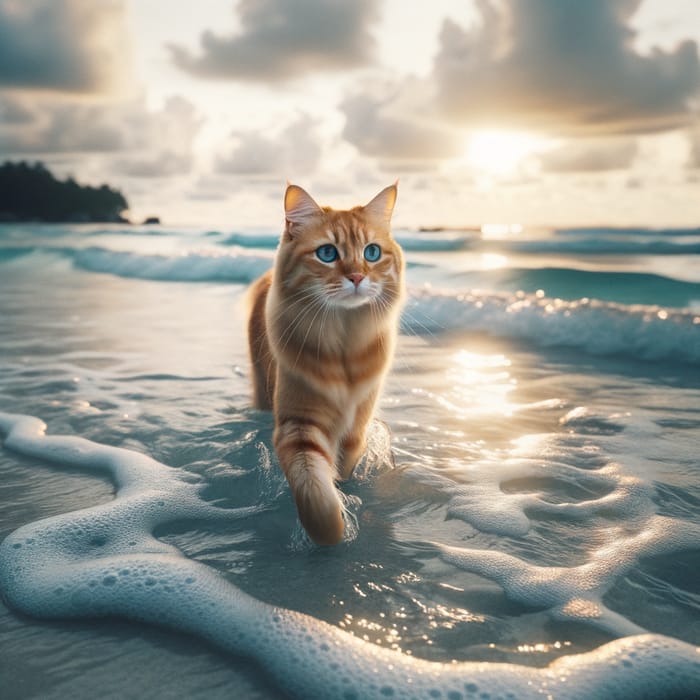 Beautiful Cat Walking on the Sea - Stunning Image