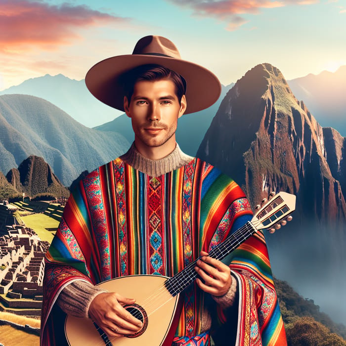 Peruvian Man in Traditional Quechua Clothing with Charango | Machu Picchu Sunrise