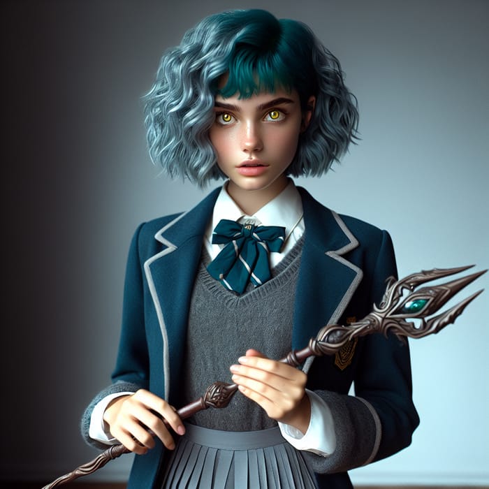 Teenage Girl with Short Wavy Turquoise Hair in Academy Uniform with Magic Staff