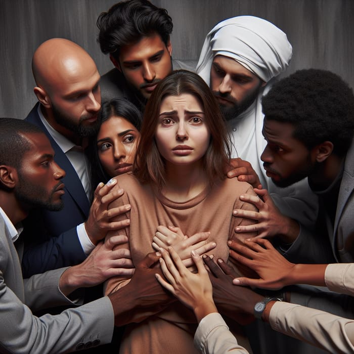 Symbol of Oppression: Diverse Group Enveloping Middle-Eastern Woman