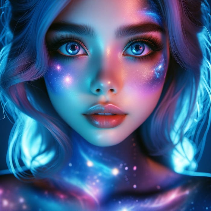 Stunning Cosmic Portrait with Neon Blue Lighting