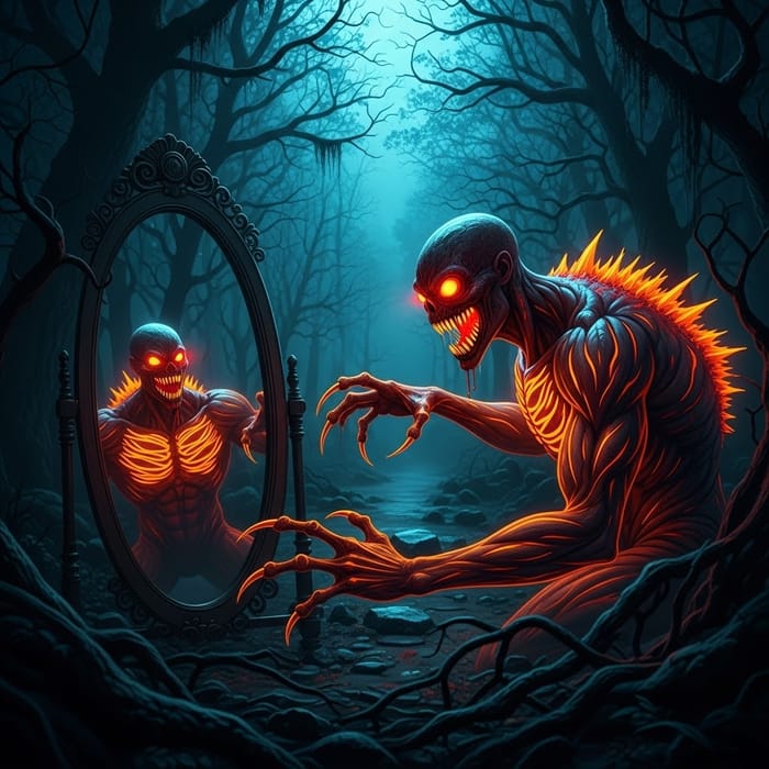 Neon Monster in Dark Park: Stunning Night Photo Neon Monster in Dark Park: Stunning Night Photo