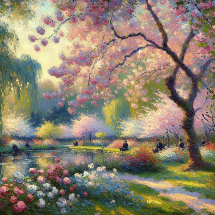 Impressionist Cherry Blossom Garden Painting | Tranquil Scene