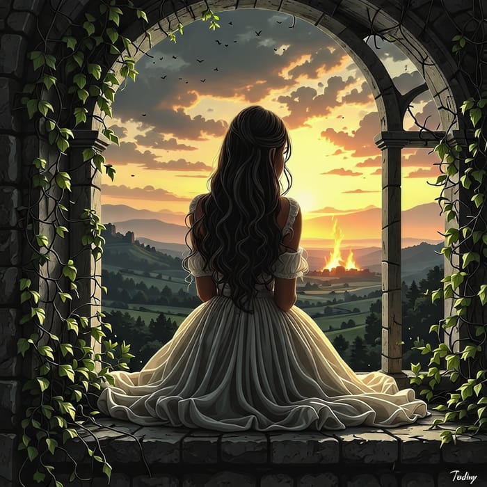 1970s Dark Fantasy Art: Woman in Castle Window