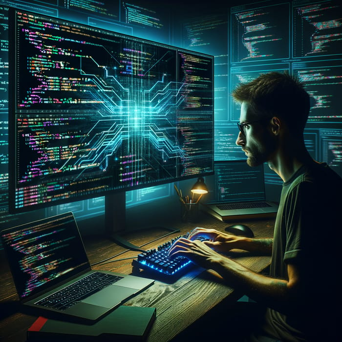 Pro Coder Immersed in Dark Theme Coding Environment