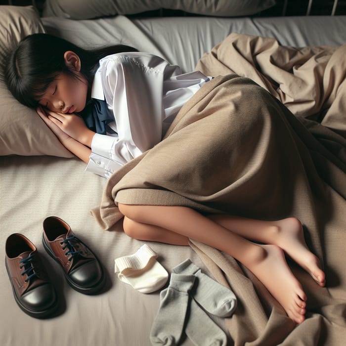 12-Year-Old Asian Girl Sleeping in School Uniform with Shoes Off