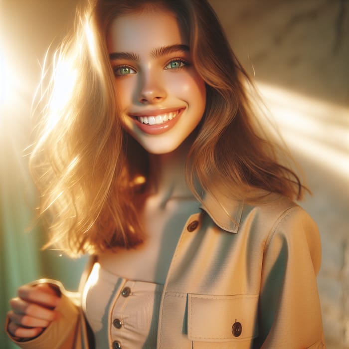 Energetic Teen Girl in Beige Outfit | Youthful Fashion Portrait