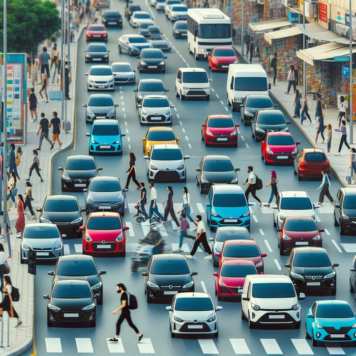 Diverse Urban Street View with Various Cars and People