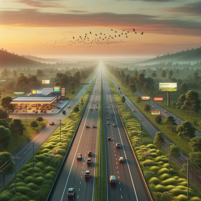 Tranquil Highway Scenery at Dusk with Birds and Billboards