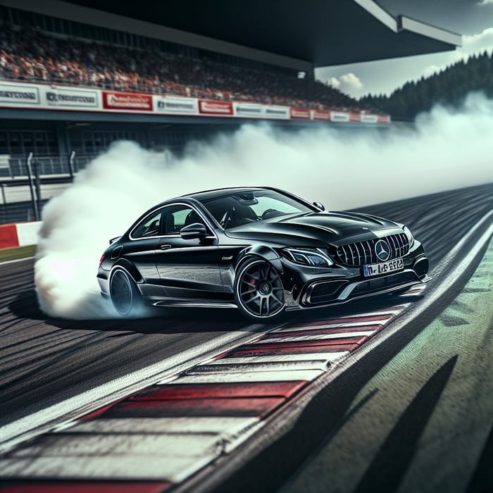 Black Mercedes-Benz C63 AMG Drifting around Sharp Corner on Racetrack