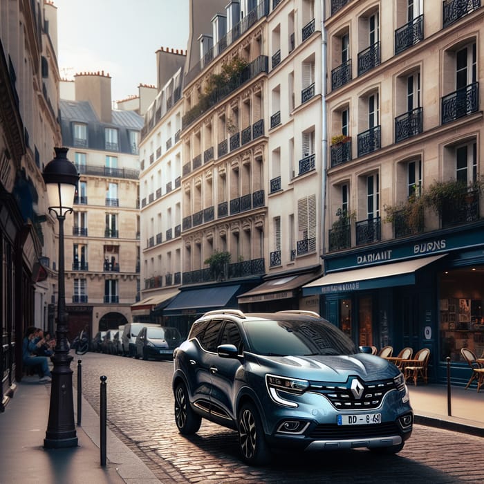 Blue Renault Plateau 2015 in Paris with Cobblestone Streets