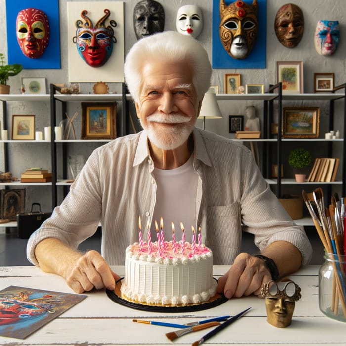 Elderly American Man Embracing Birthday with Love for Masks & Art