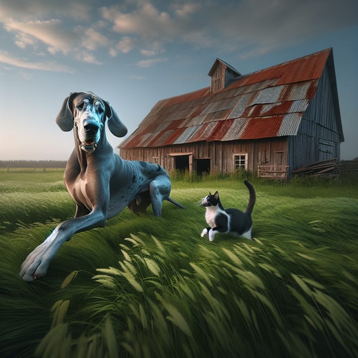 Blue Great Dane Playing with Cat in Countryside Setting