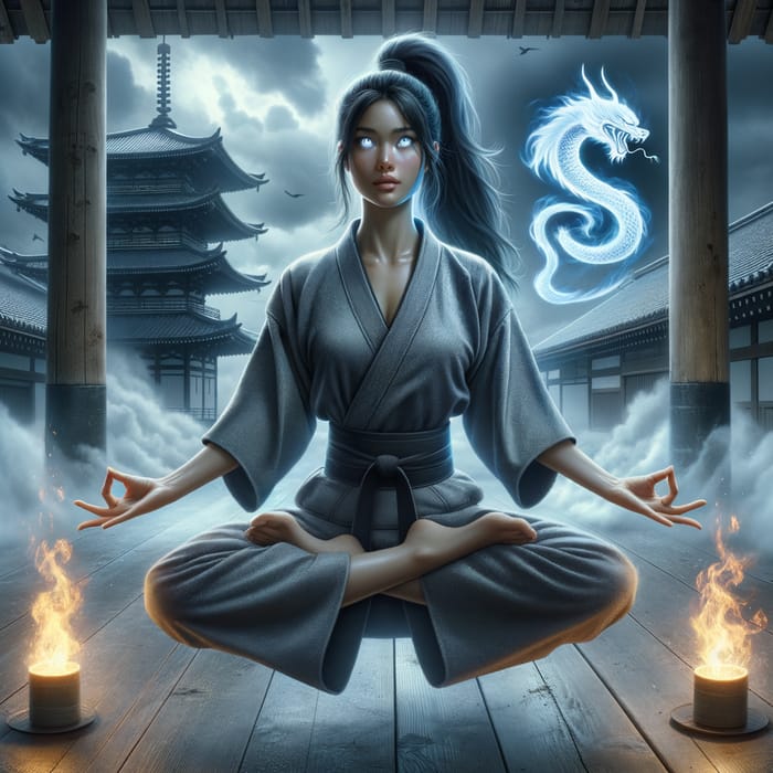 Levitating American Martial Artist in Lotus Pose with Devilish Eyes