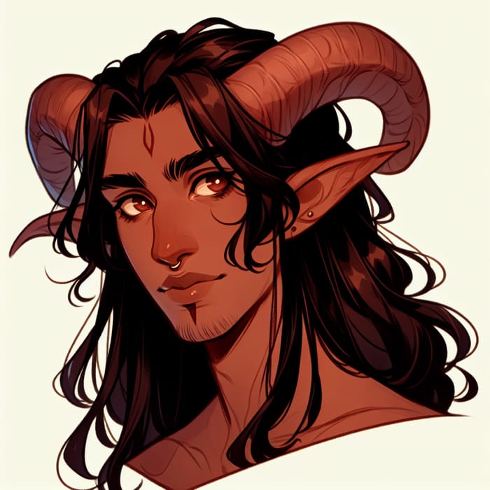 Young Tiefling Man with Medium Horns and Long Hair