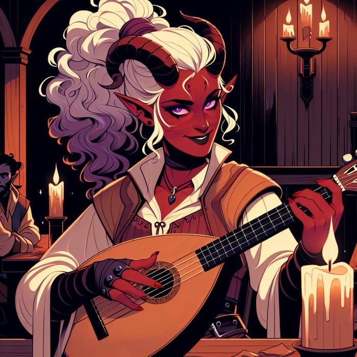 Fantasy Tiefling Bard Entertains Crowd in Dimly Lit Tavern