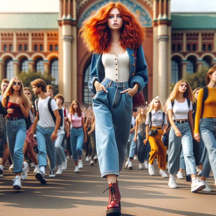 Vibrant Red-Haired Woman Striding on College Campus with Artistic Style