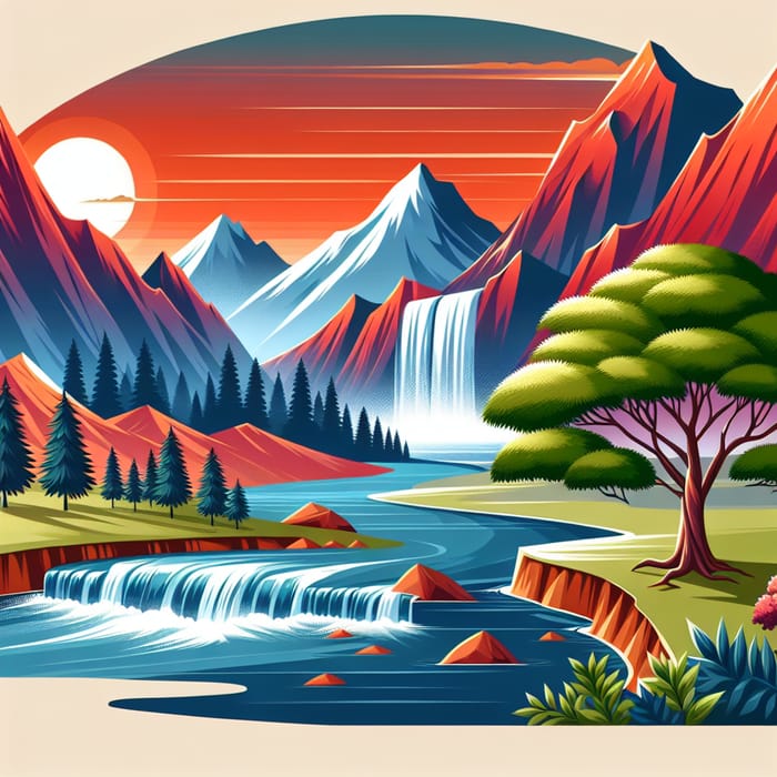 Vibrant Red Mountains, Waterfall, Blue River & Sunset