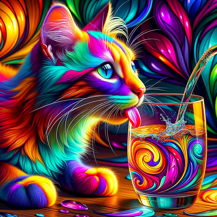 Colorful Cat Drinking Water from an Intriguing Glass