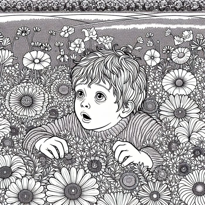 Young Child with Wide-Eyed Wonder in Flower Field Drawing