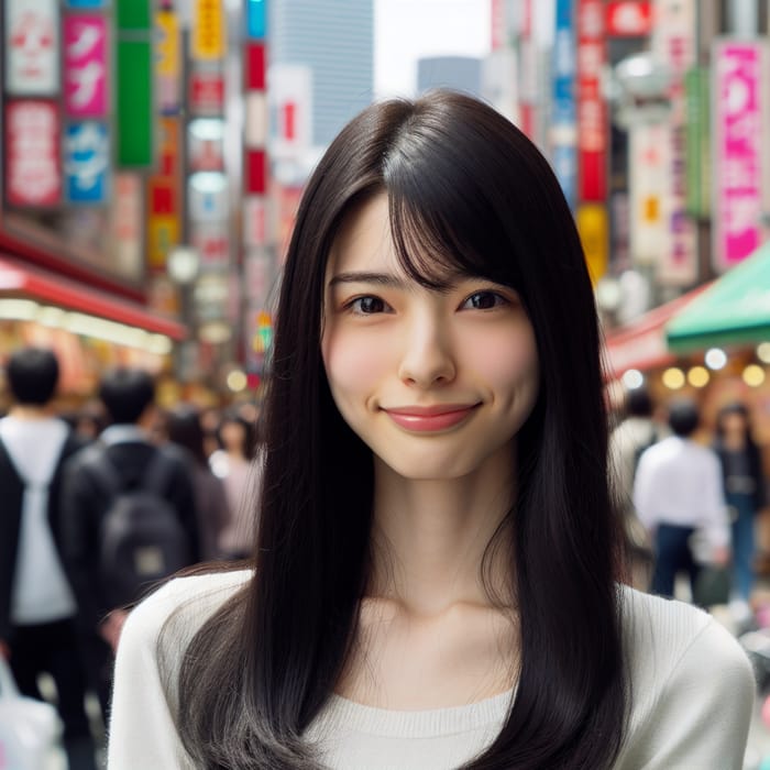 Young Japanese Woman with Long Black Hair Smiling in City Streets