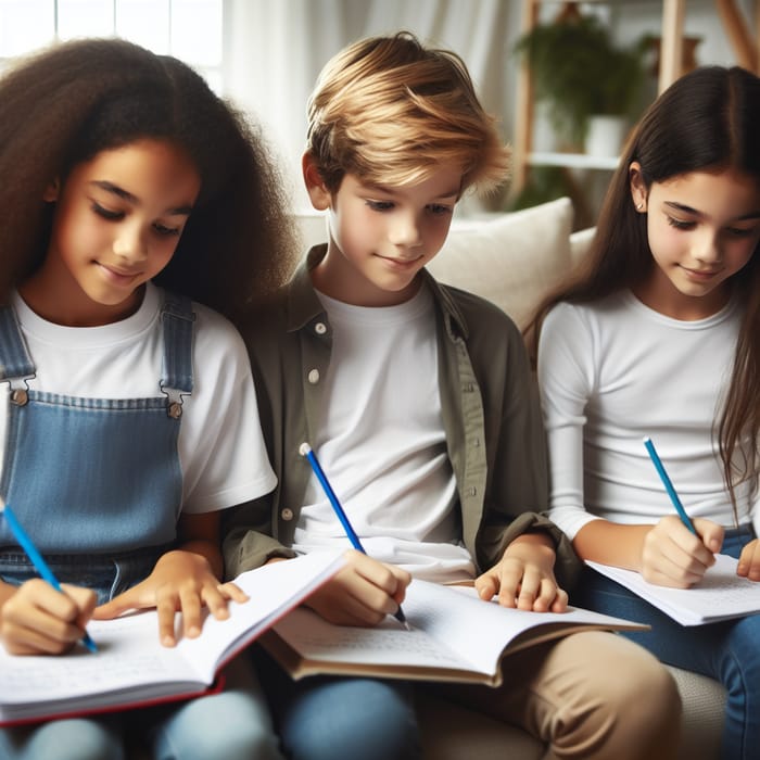 Young Girls, Boy Writing Homework on Sofa Young Girls, Boy Writing Homework on Sofa