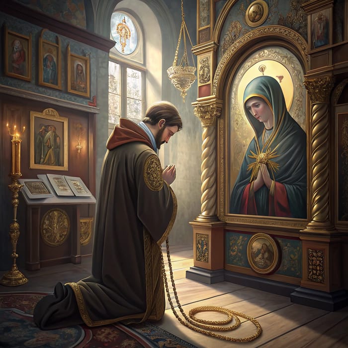 Orthodox Church Prayer Scene with Holy Virgin Mary