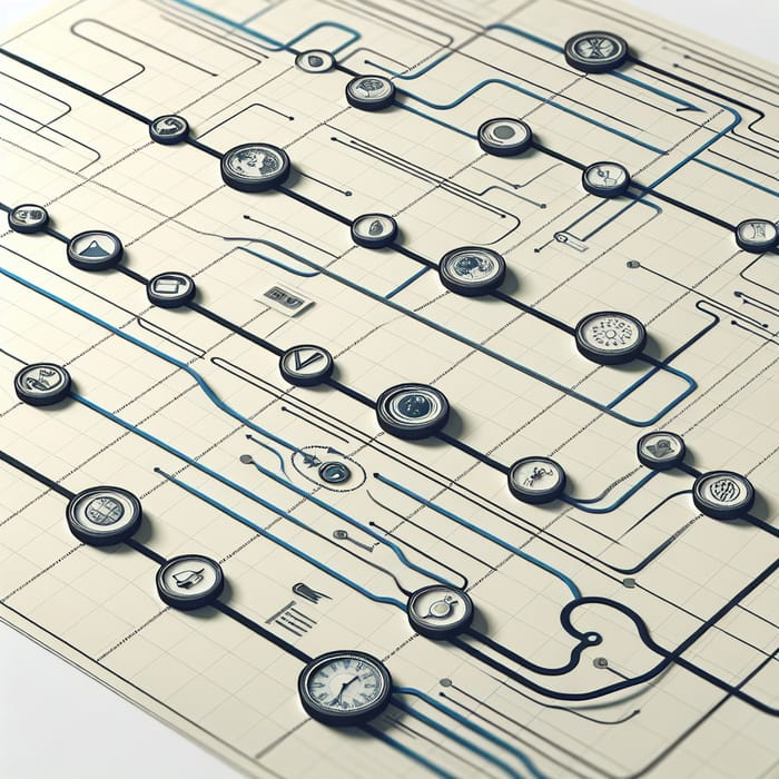 Interactive Timeline Chart with Icons and Color-Coded Curved Lines