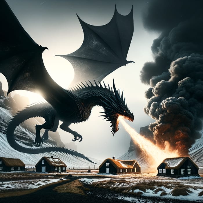 Powerful Black Dragon with White Wings in Iceland