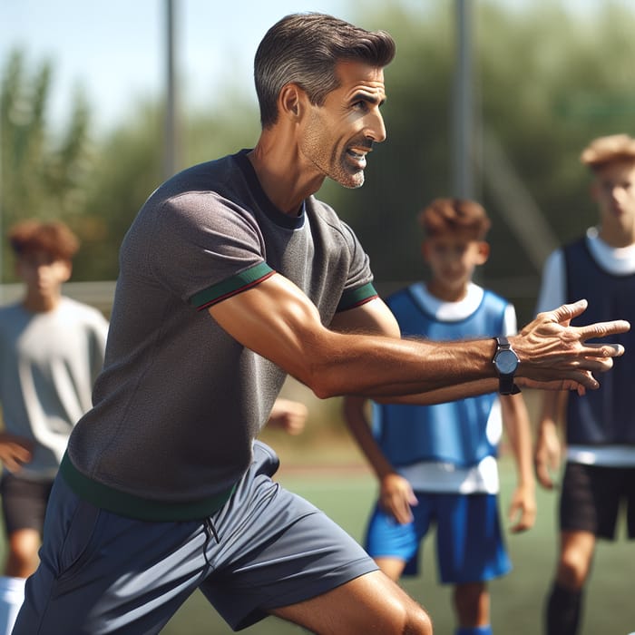 Charismatic Soccer Coach Leading Diverse Team Practice