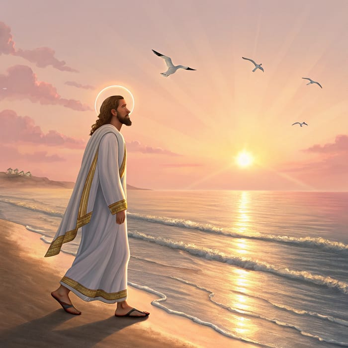 Jesus Christ Walking on a Peaceful Beach at Sunset