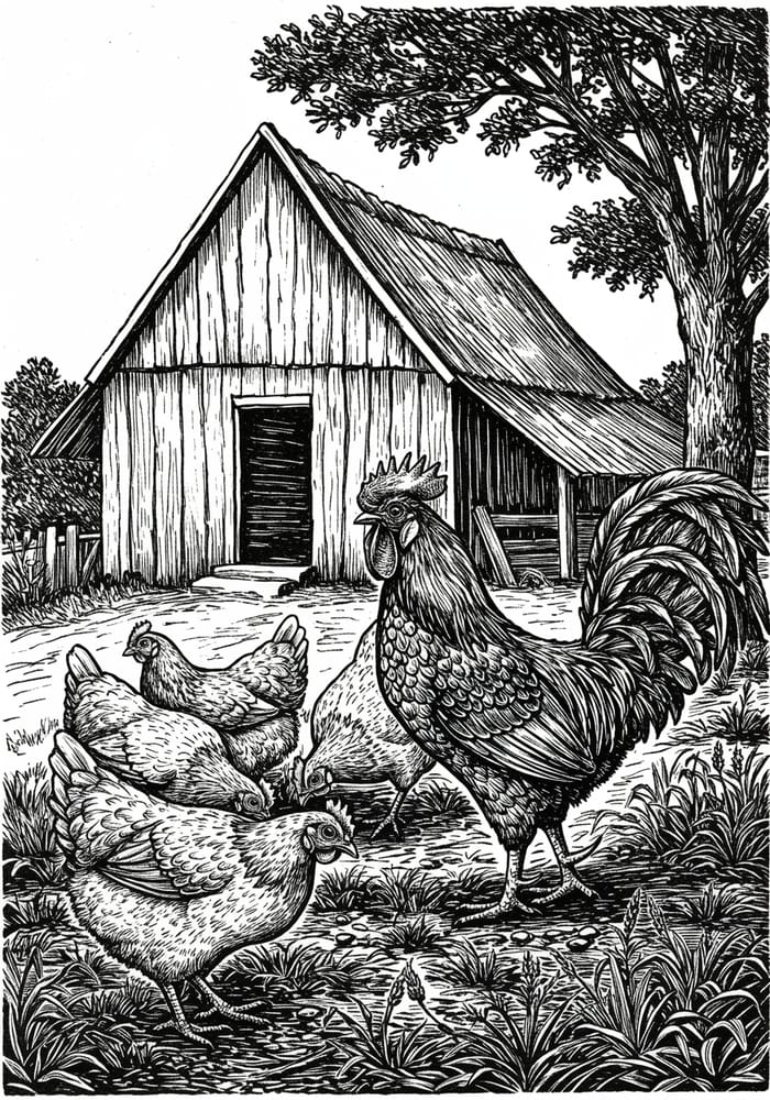 Rooster and Hens Near Farmhouse Illustration