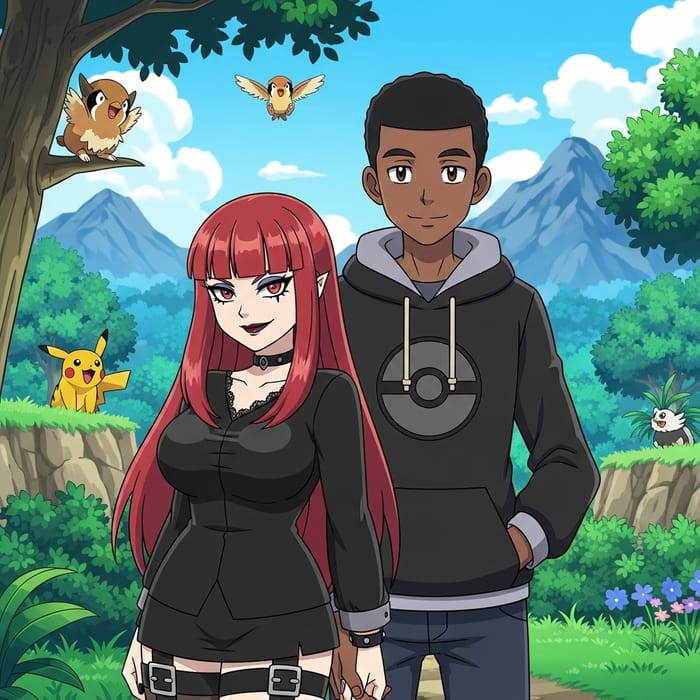 Gothic Pokémon Couple Art: Red-Haired Girl & Hoodie Boy Gothic Pokémon Couple Art: Red-Haired Girl & Hoodie Boy