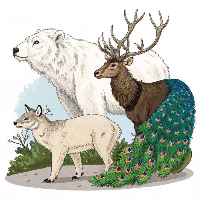 Mythical Three-Headed Beast: Polar Bear, Stag, Peacock