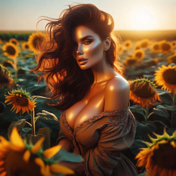 Ethereal Beauty: Curvaceous Woman in a Field of Sunflowers