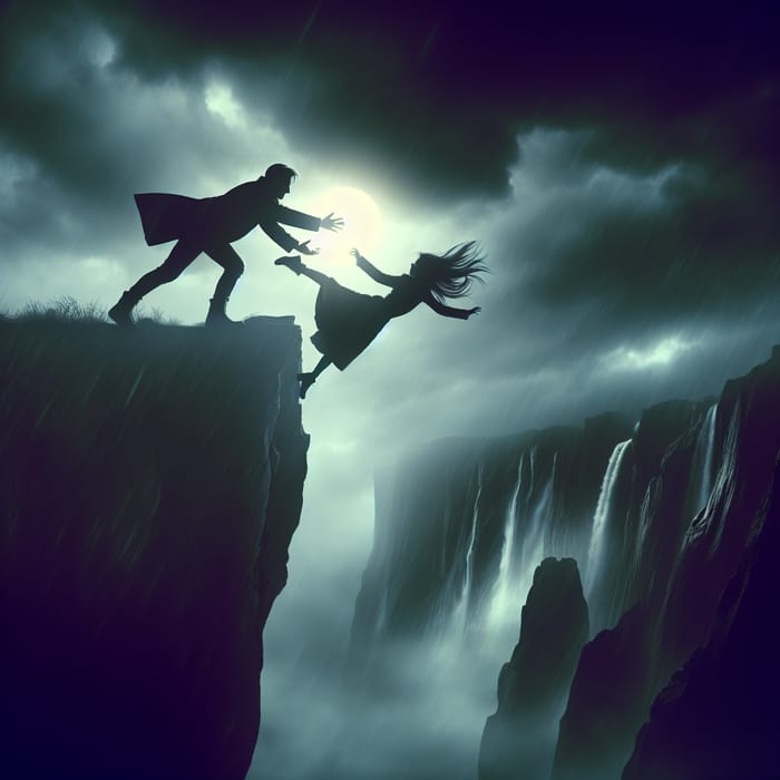 Dramatic Silhouette of Hero Saving Woman from Cliff